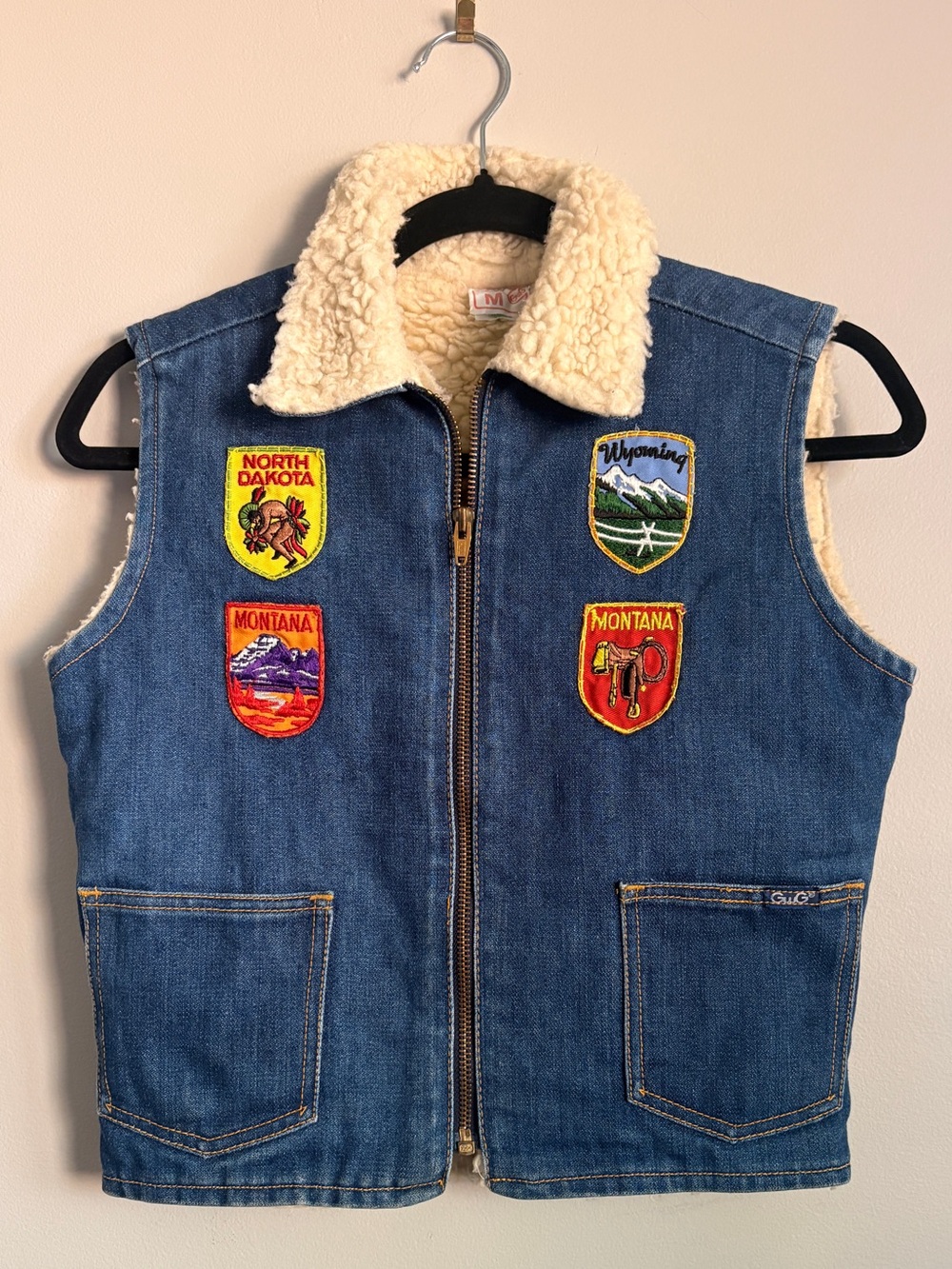 GWG Kids Denim Sherpa Vest with American travel patches